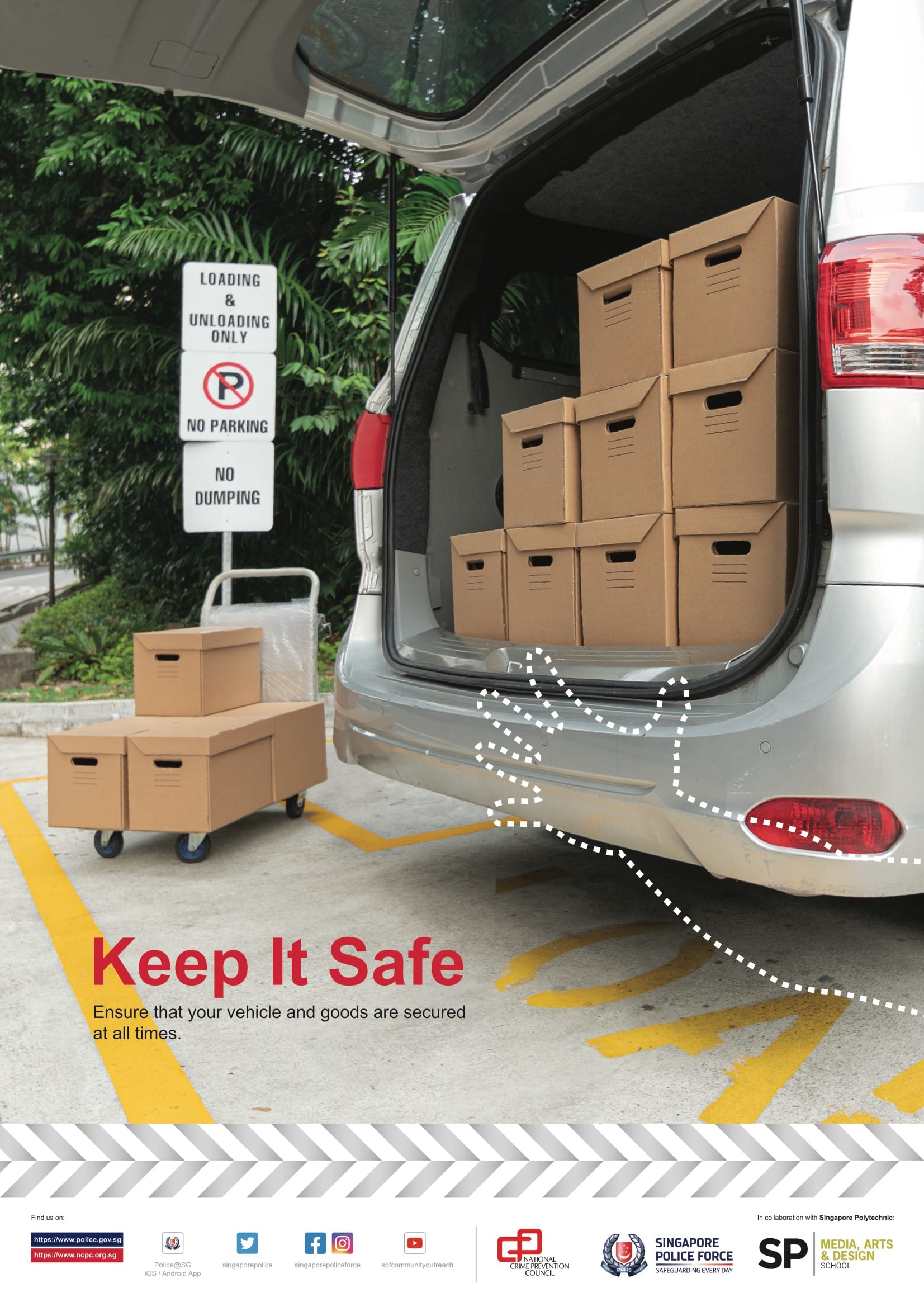 An outdoor loading bay scene shows the open rear cargo area of a silver vehicle stacked with cardboard boxes, alongside a hand trolley and loose boxes nearby, with a graphic outline of a hand reaching toward the vehicle's interior.